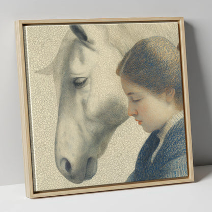 Gentle Reflections horse & rider canvas wall art in natural frame