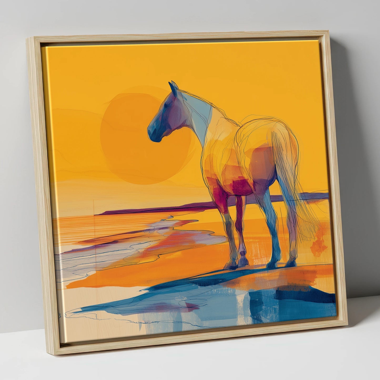 Golden Shoreline Silhouette horse landscape canvas wall art in natural frame