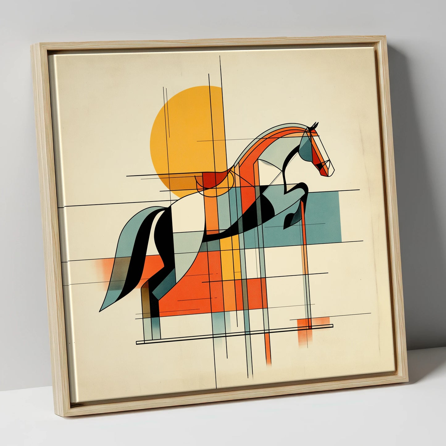 Structured Flight show jumping horse canvas wall art in natural frame