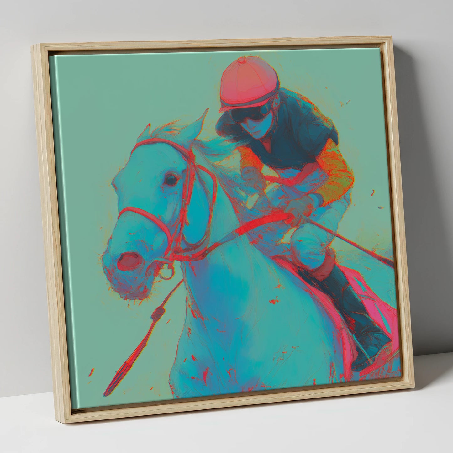 Electric Furlong racing horse canvas wall art in natural frame
