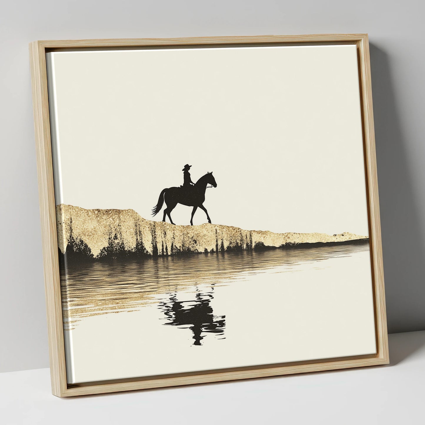 Golden Shores Silhouette beach horse canvas wall art in natural frame