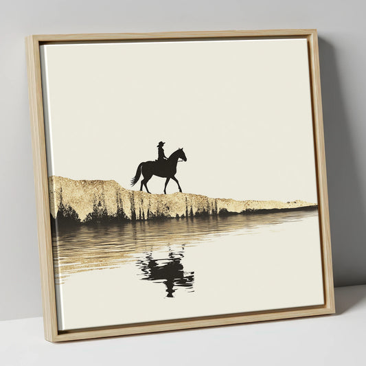 Golden Shores Silhouette beach horse canvas wall art in natural frame