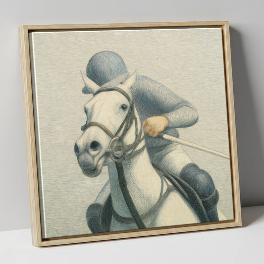 A Timeless Chukka polo horse canvas wall art in natural frame