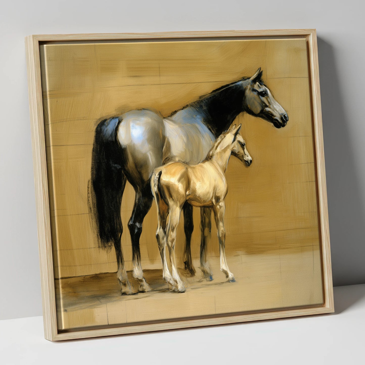 Slate and Gold mare & foal canvas wall art in natural frame