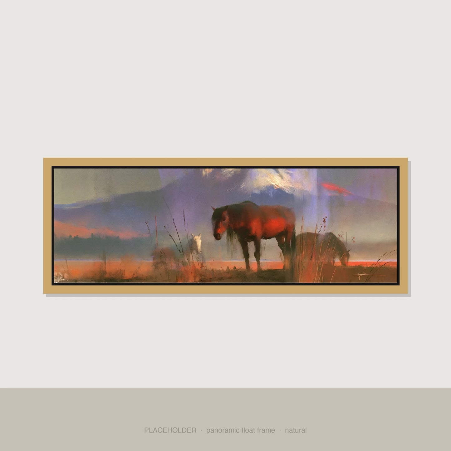 Violet Horizons Horse Landscape panoramic canvas wall art in natural float frame