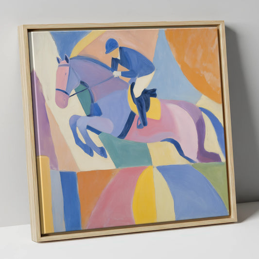 Geometric Flight show jumping horse canvas wall art in natural frame