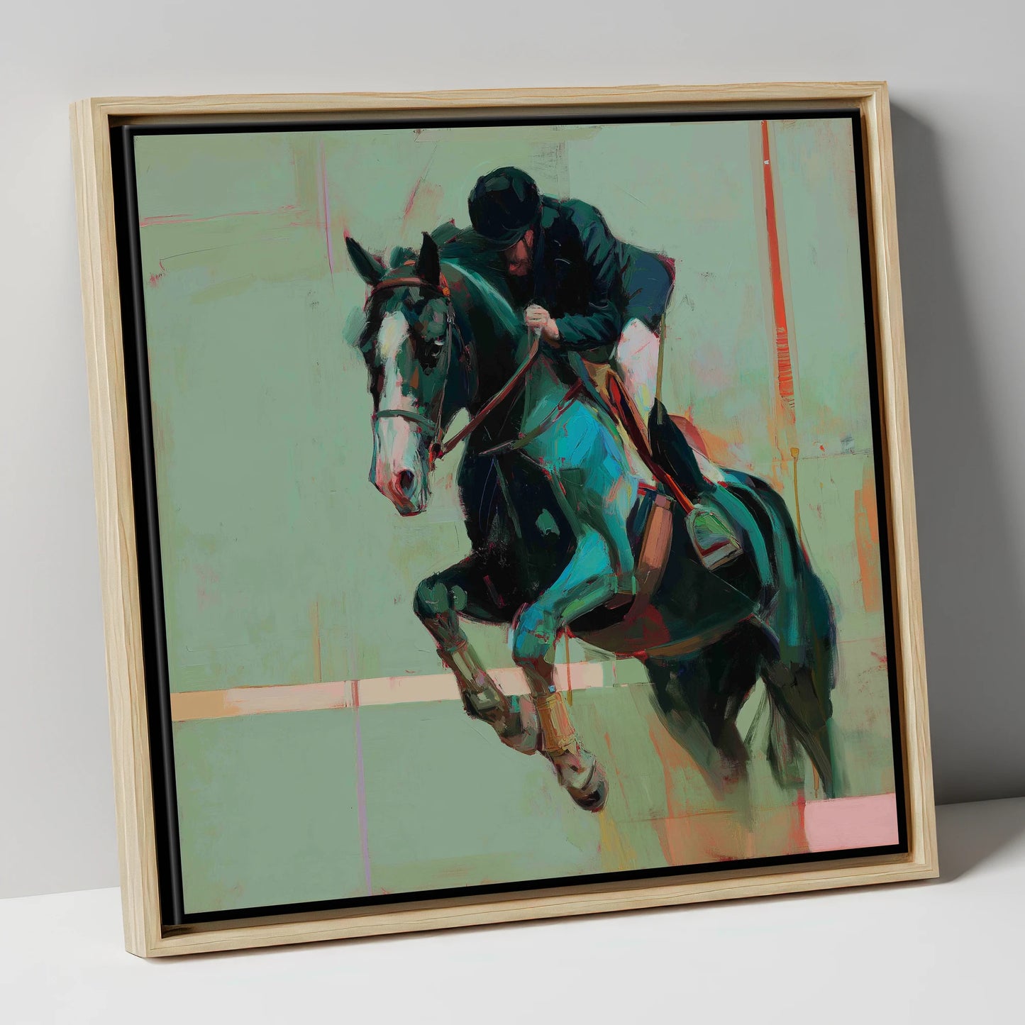 Airborne in Teal show jumping horse canvas wall art in natural frame