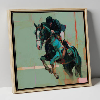 Airborne in Teal show jumping horse canvas wall art in natural frame