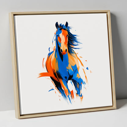 Vivid Cobalt Canter horse portrait canvas wall art in natural frame