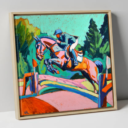 Technicolour Flight show jumping horse canvas wall art in natural frame