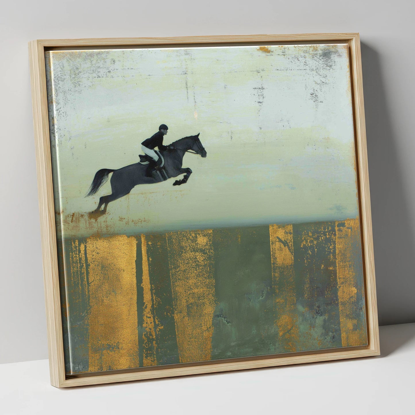 Gilded Flight show jumping horse canvas wall art in natural frame