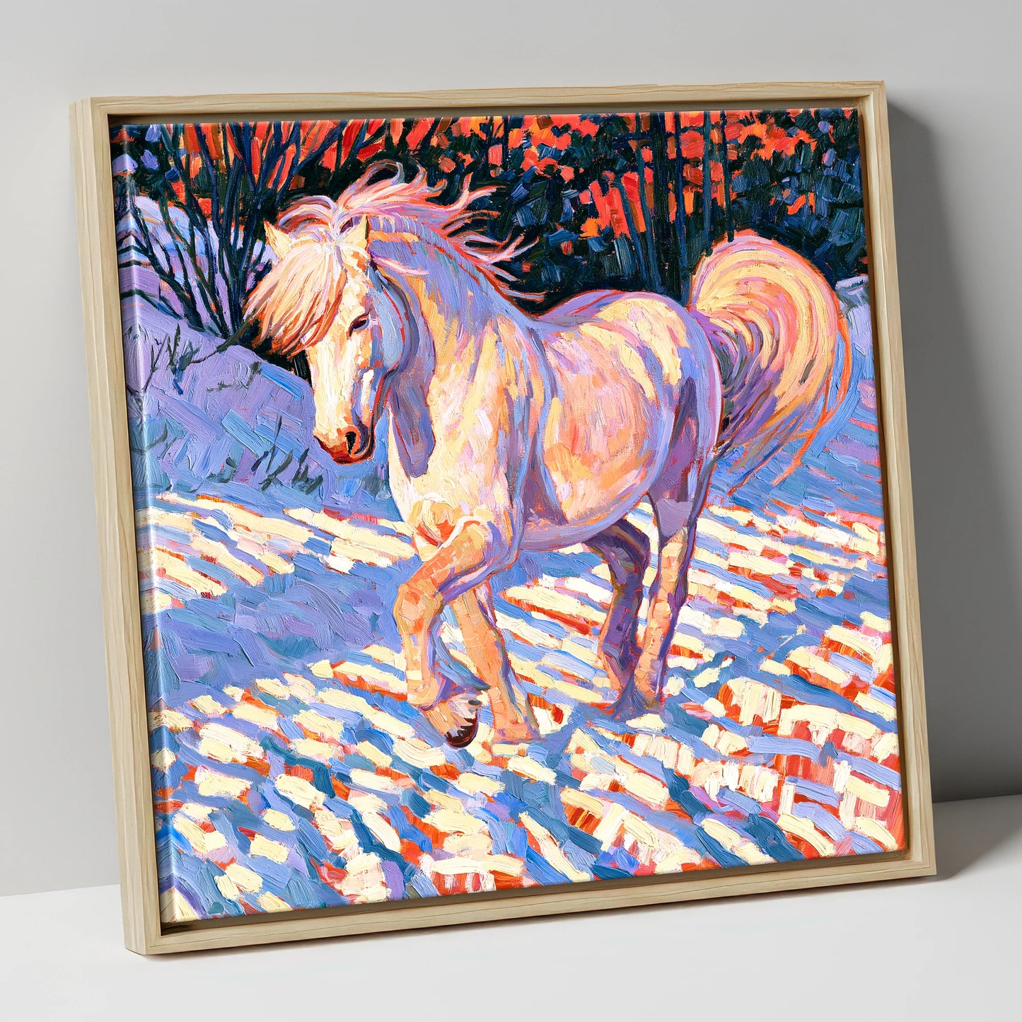 Vibrant Winter Horse in Snow horse breed canvas wall art in natural frame