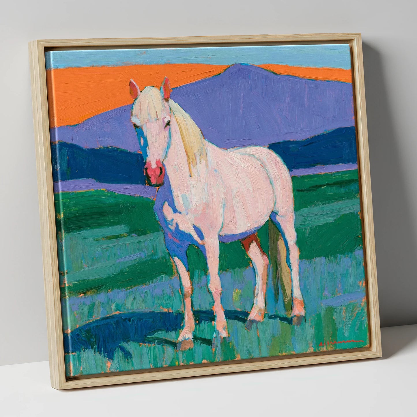 Grey Horse in Colourful Landscape horse breed canvas wall art in natural frame