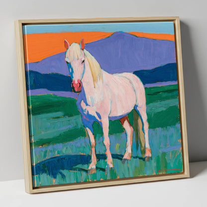 Grey Horse in Colourful Landscape horse breed canvas wall art in natural frame