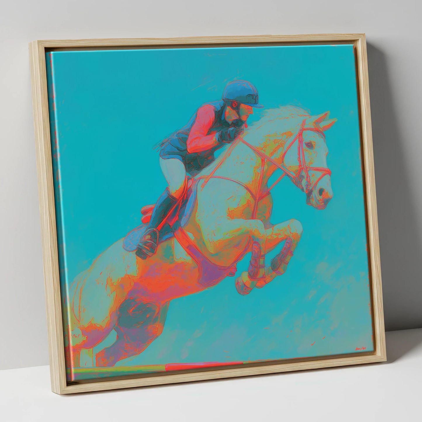 Technicolour Flight show jumping horse canvas wall art in natural frame