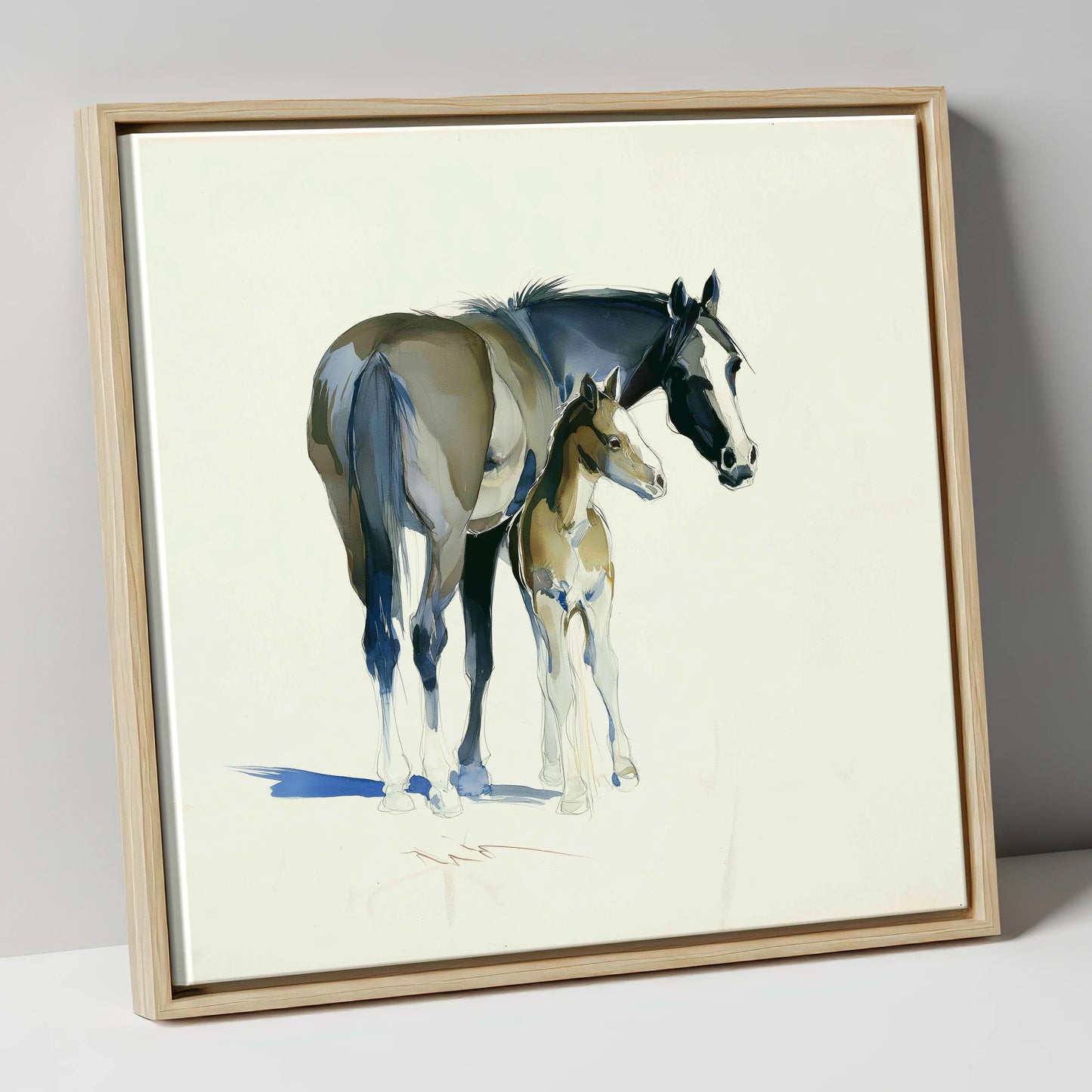 Gentle Guidance mare & foal canvas wall art in natural frame