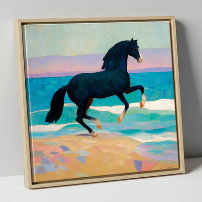 Azure Coastal Rhythm horse landscape canvas wall art in natural frame