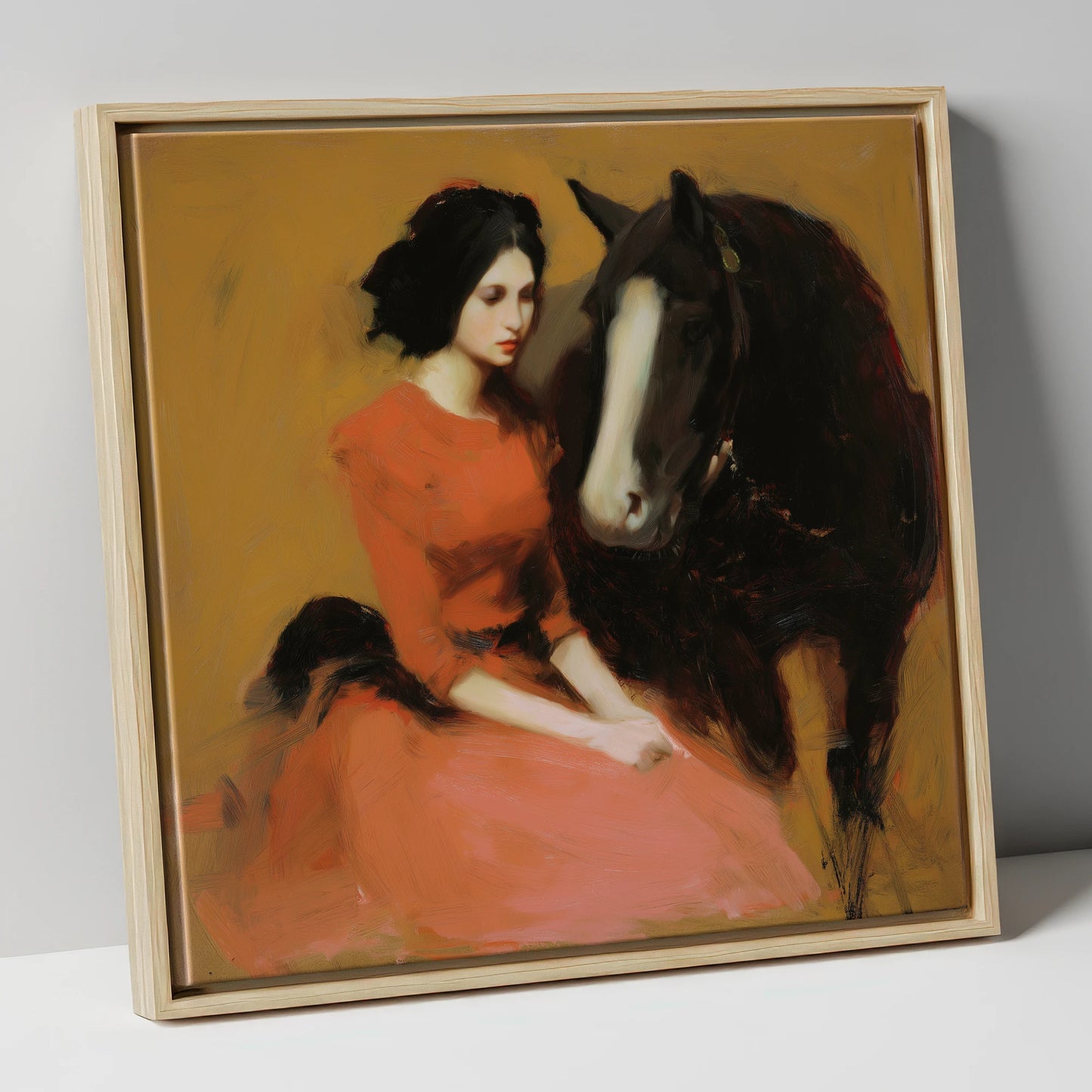 The Silent Bond horse & rider canvas wall art in natural frame