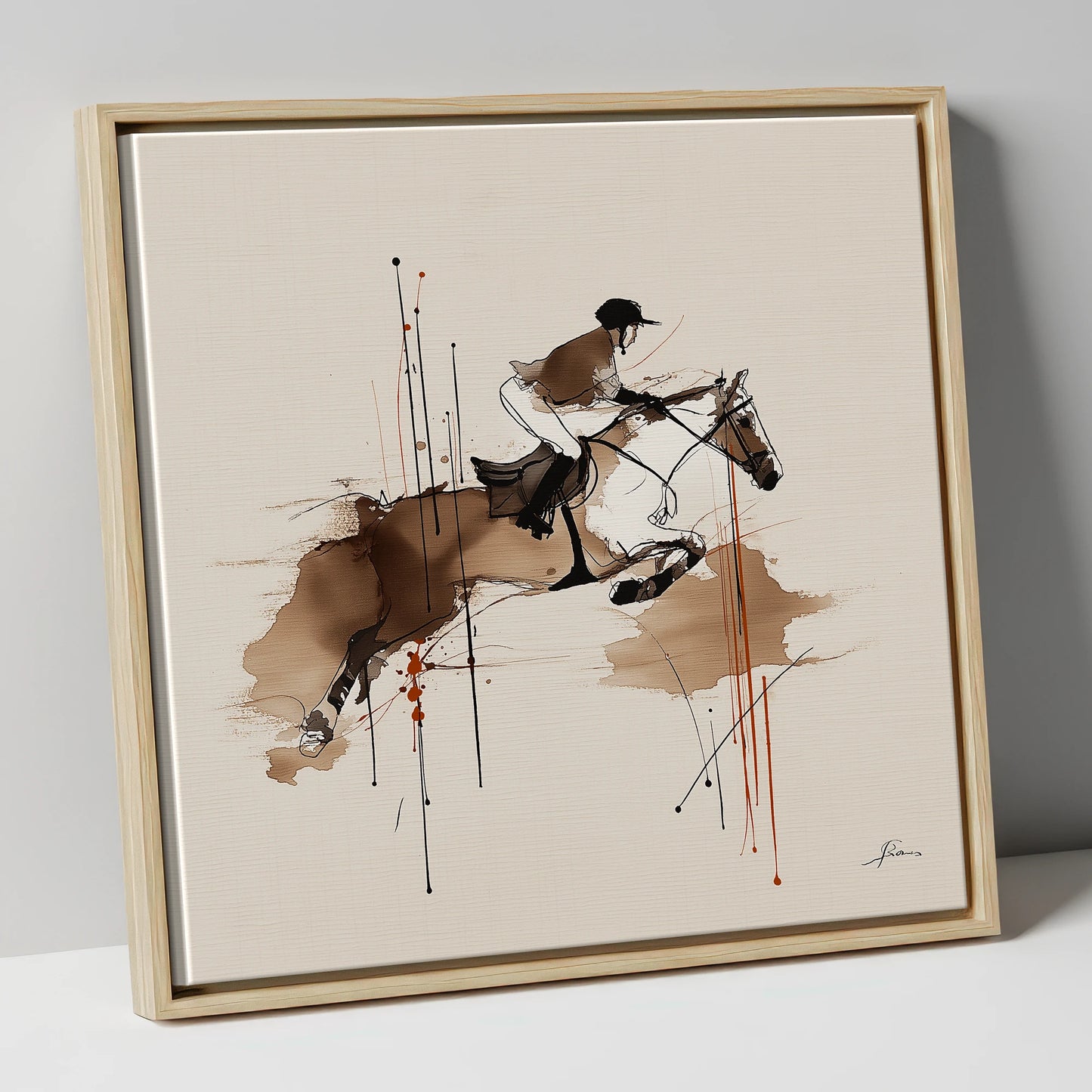 Airborne Momentum show jumping horse canvas wall art in natural frame
