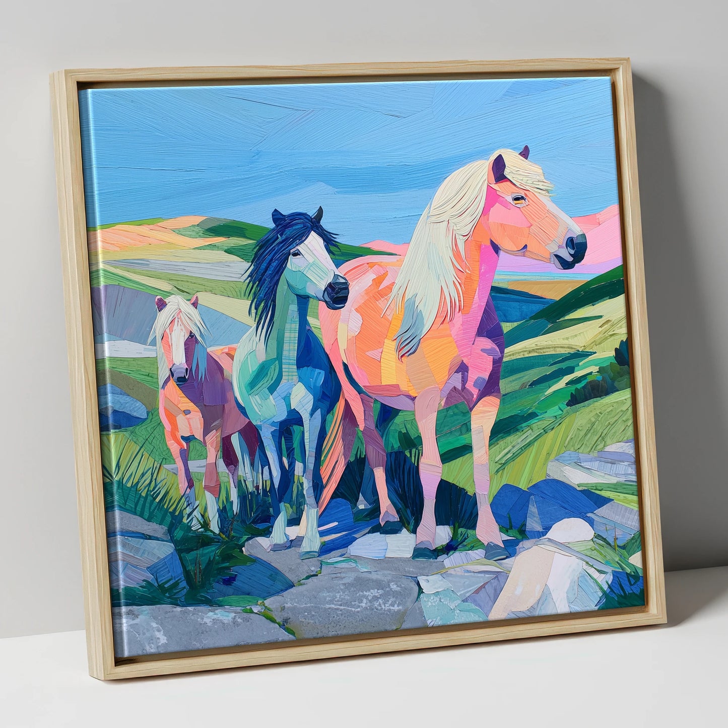 Vivid Moorland Herd horse landscape canvas wall art in natural frame