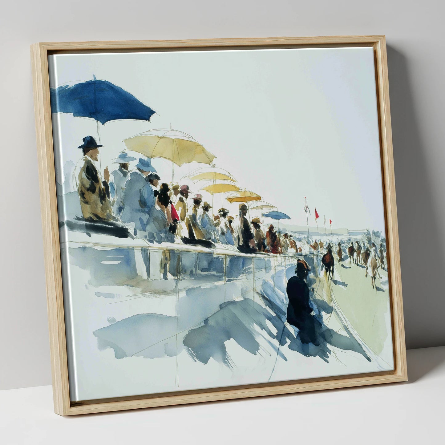 Gathering at the Rails racing horse canvas wall art in natural frame