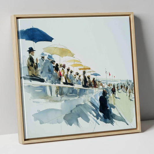 Gathering at the Rails racing horse canvas wall art in natural frame