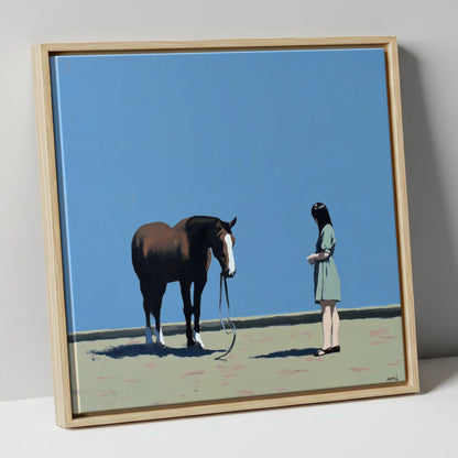 The Quiet Exchange horse & rider canvas wall art in natural frame
