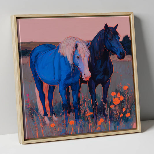 Vibrant Horses Among Orange Poppies horse landscape canvas wall art in natural frame