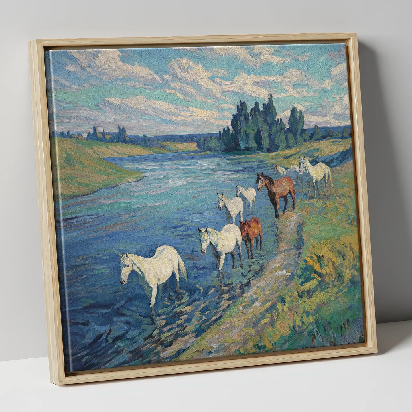 Riverside Herd wild horses canvas wall art in natural frame