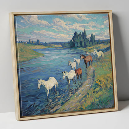 Riverside Herd wild horses canvas wall art in natural frame