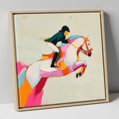 Vivid Bascule show jumping horse canvas wall art in natural frame