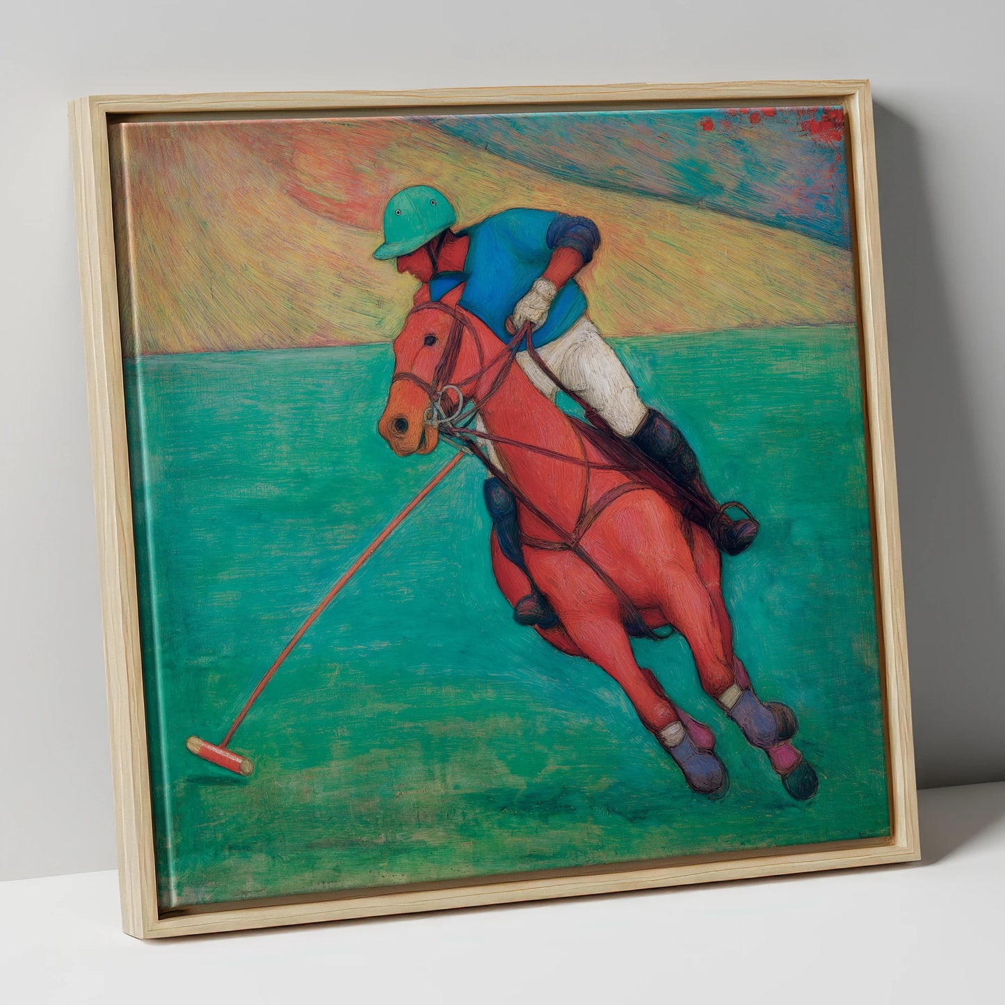 The Crimson Chukka polo horse canvas wall art in natural frame