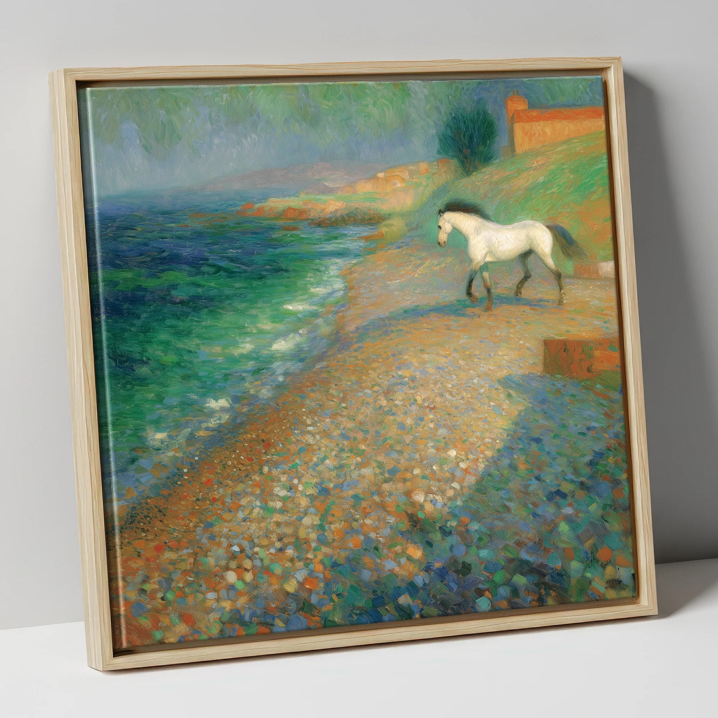 Vibrant Coastal Grey horse landscape canvas wall art in natural frame