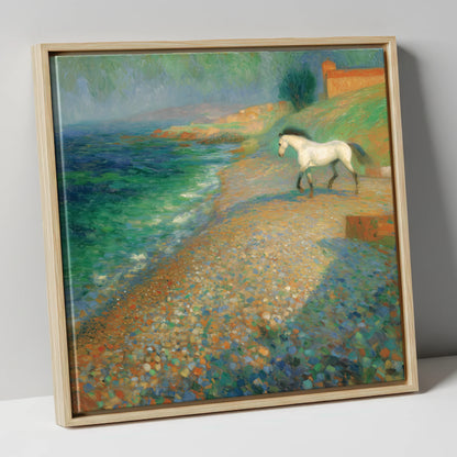 Vibrant Coastal Grey horse landscape canvas wall art in natural frame