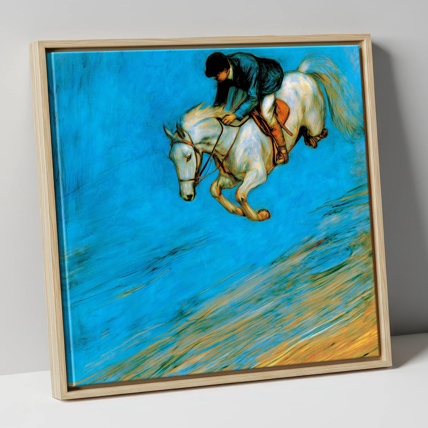 Cerulean Flight show jumping horse canvas wall art in natural frame