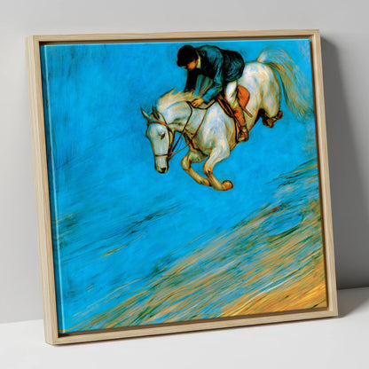 Cerulean Flight show jumping horse canvas wall art in natural frame