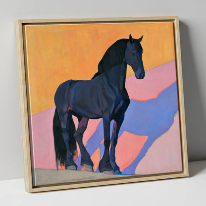 Black Friesian On Vibrant Orange horse breed canvas wall art in natural frame
