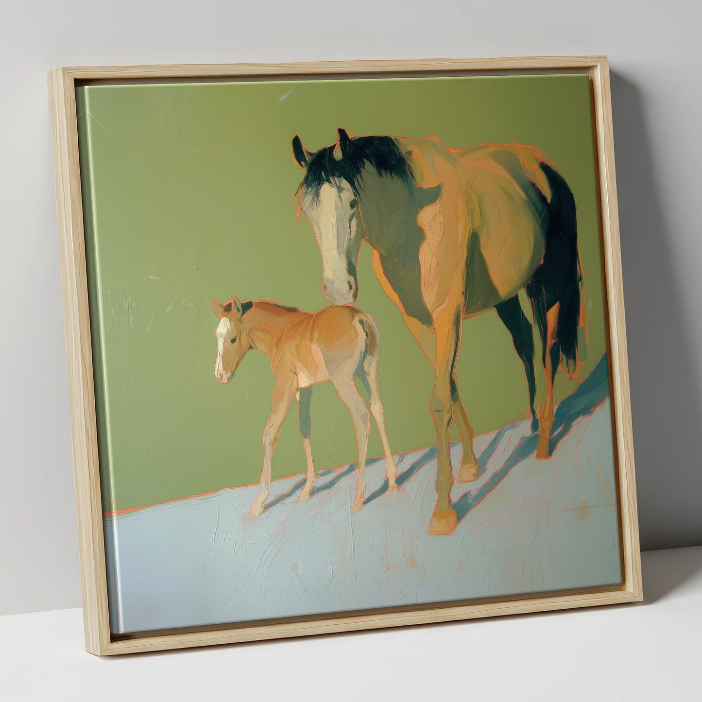 Sunlit Bonds mare & foal canvas wall art in natural frame