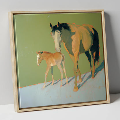 Sunlit Bonds mare & foal canvas wall art in natural frame