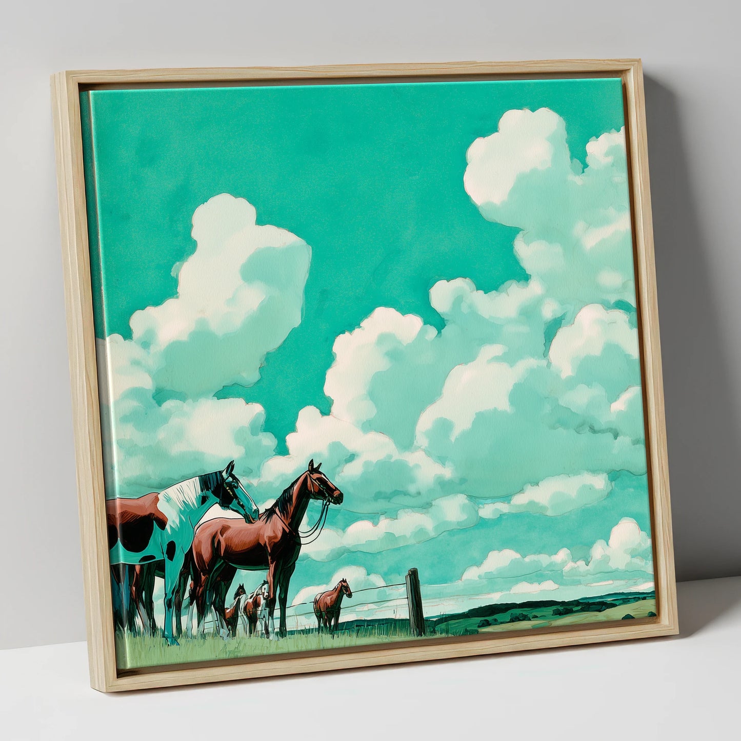 Turquoise Sky Herd horse landscape canvas wall art in natural frame