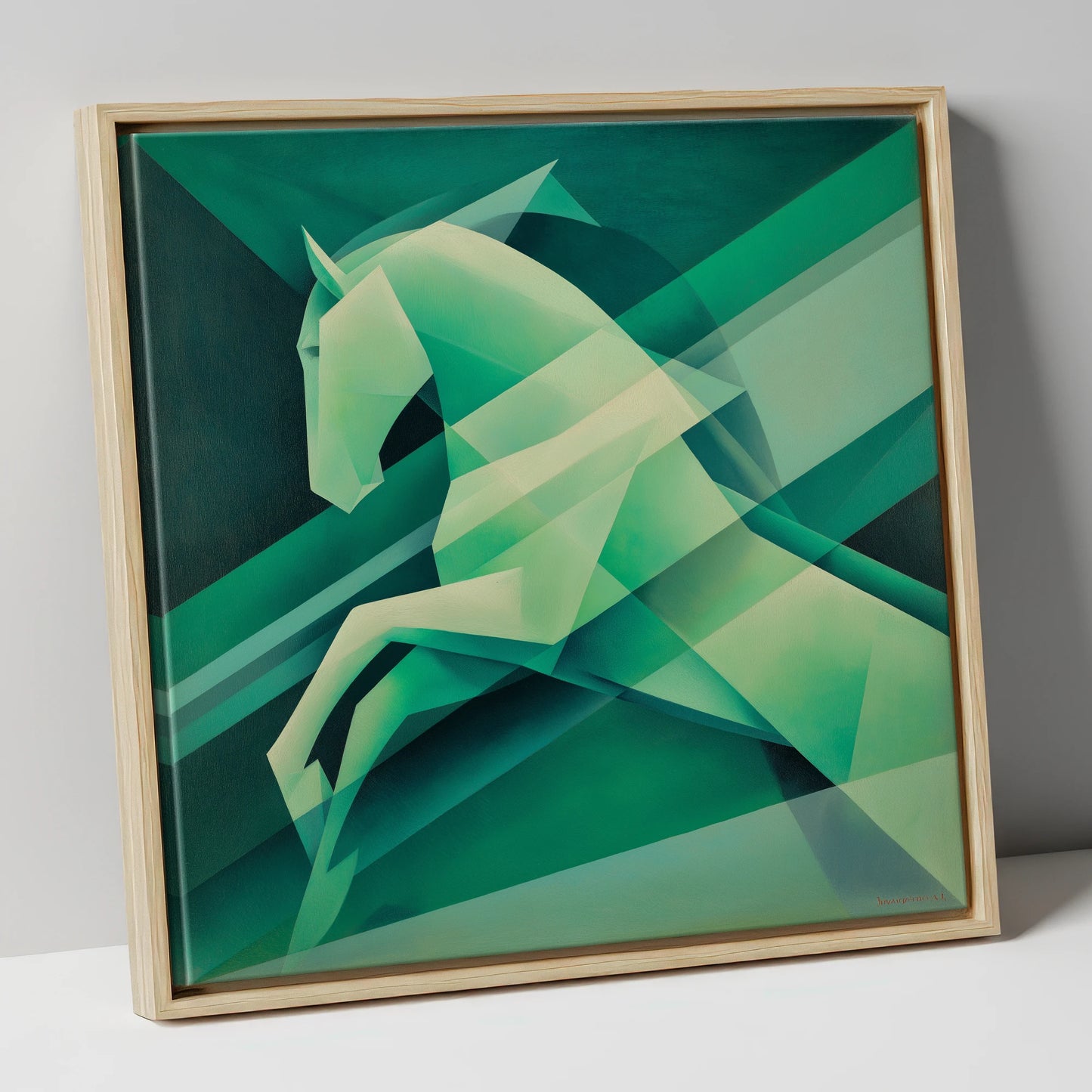 Emerald Geometric Leap show jumping horse canvas wall art in natural frame