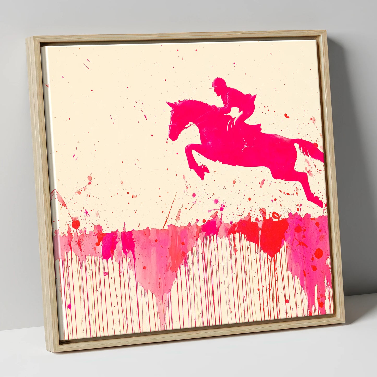 Magenta Flight show jumping horse canvas wall art in natural frame