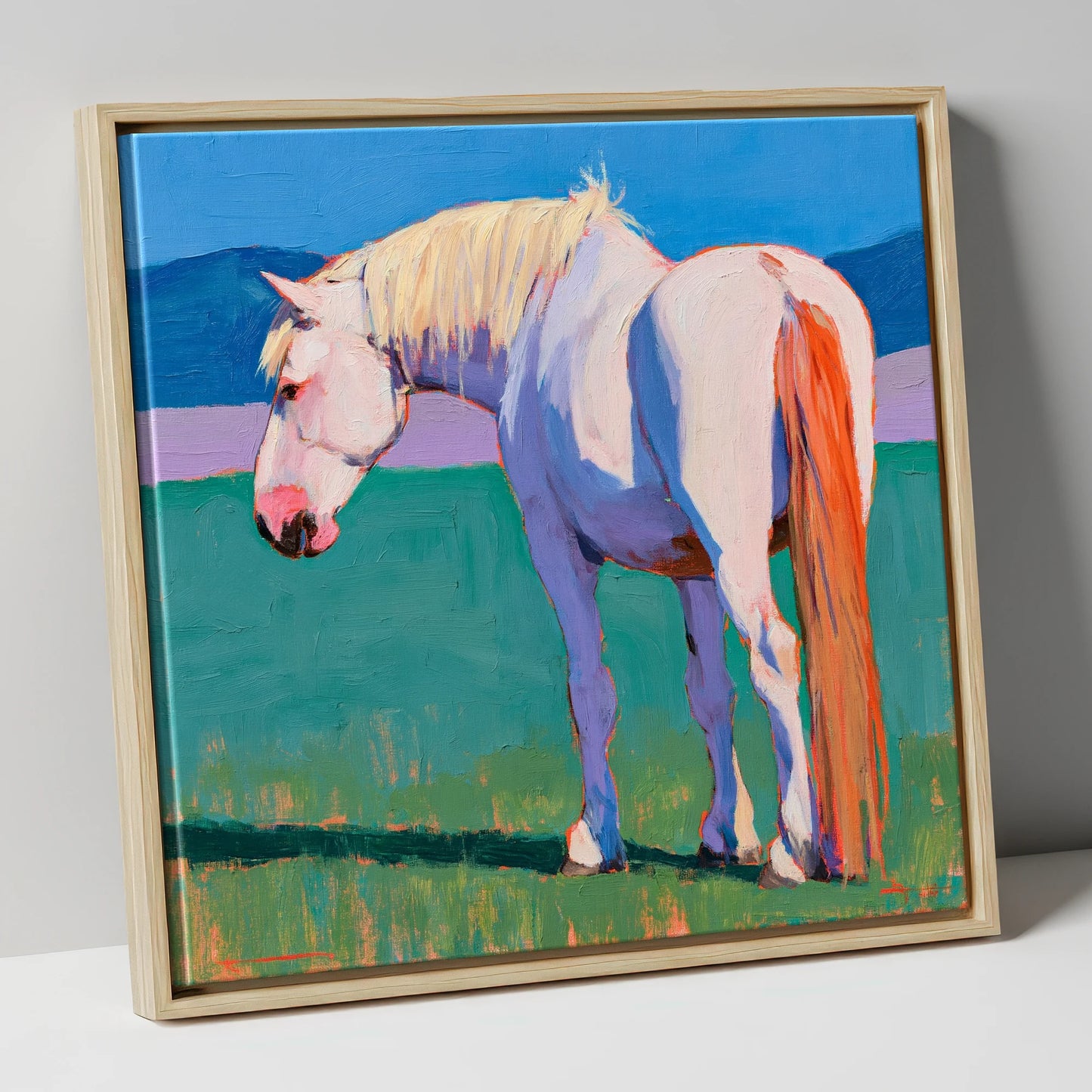 White Horse in Vibrant Light horse breed canvas wall art in natural frame