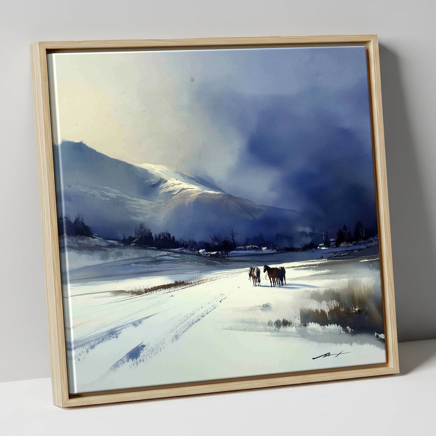 Indigo Winter Valley horse landscape canvas wall art in natural frame