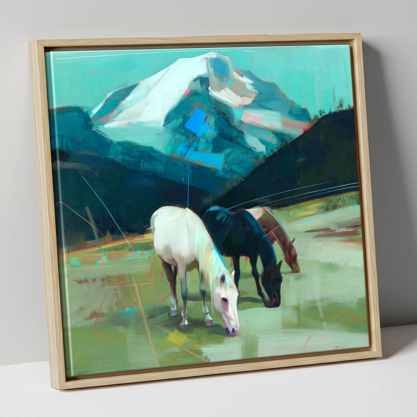 Teal Mountain Pasture horse landscape canvas wall art in natural frame