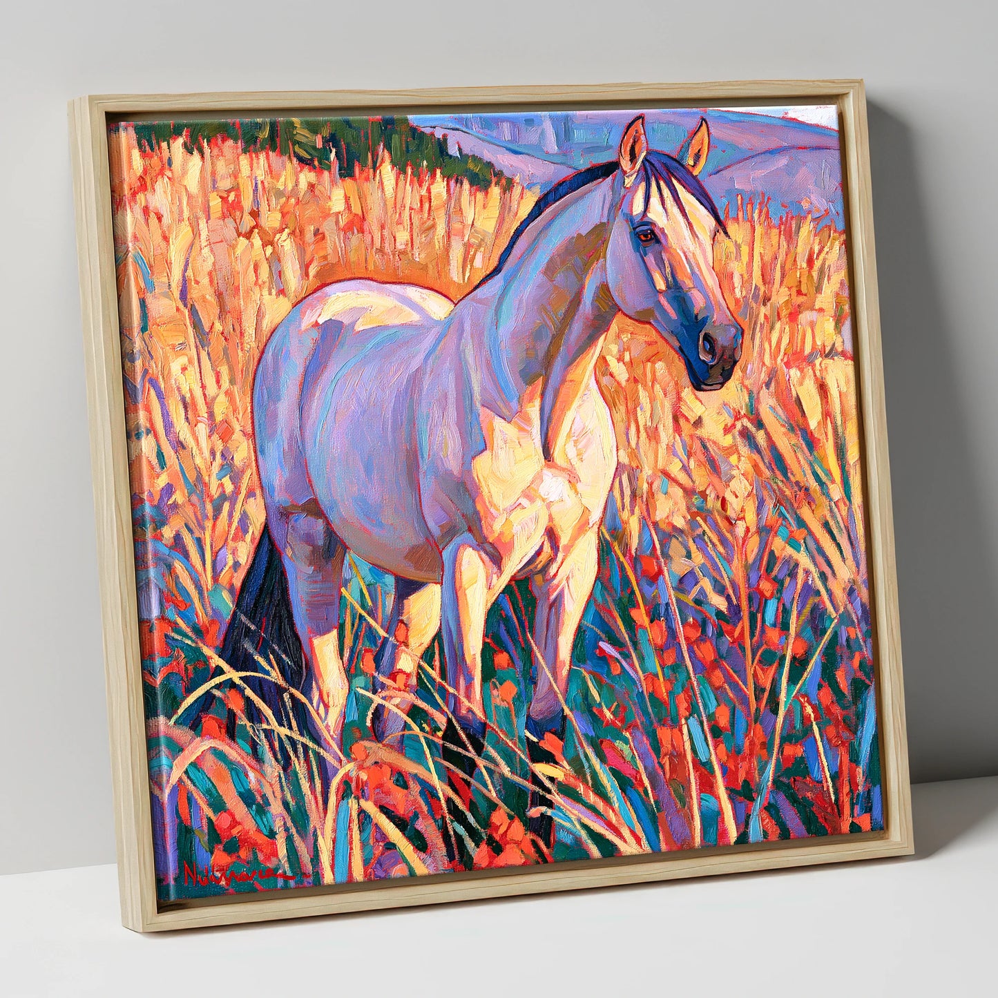Vibrant Horse in Golden Grass horse breed canvas wall art in natural frame