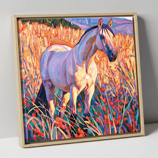 Vibrant Horse in Golden Grass horse breed canvas wall art in natural frame