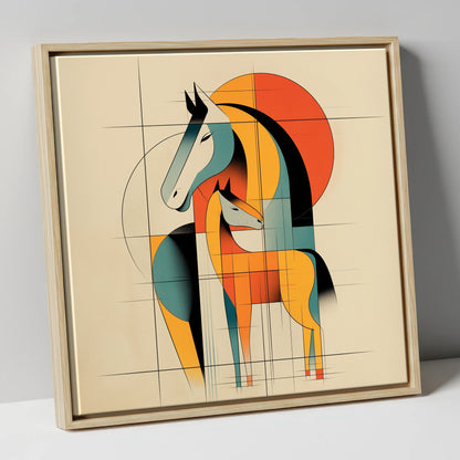 Geometric Equine Bond mare & foal canvas wall art in natural frame