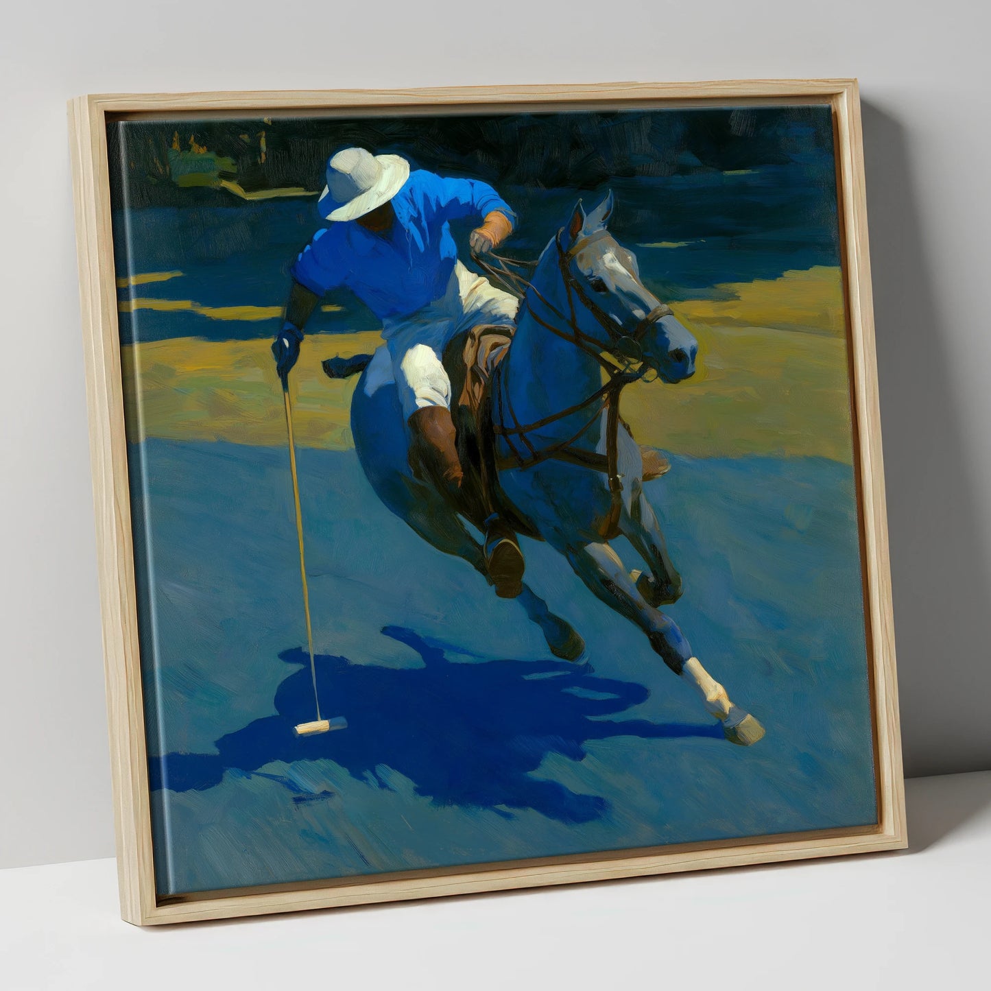 Sunlit Polo Run polo horse canvas wall art in natural frame