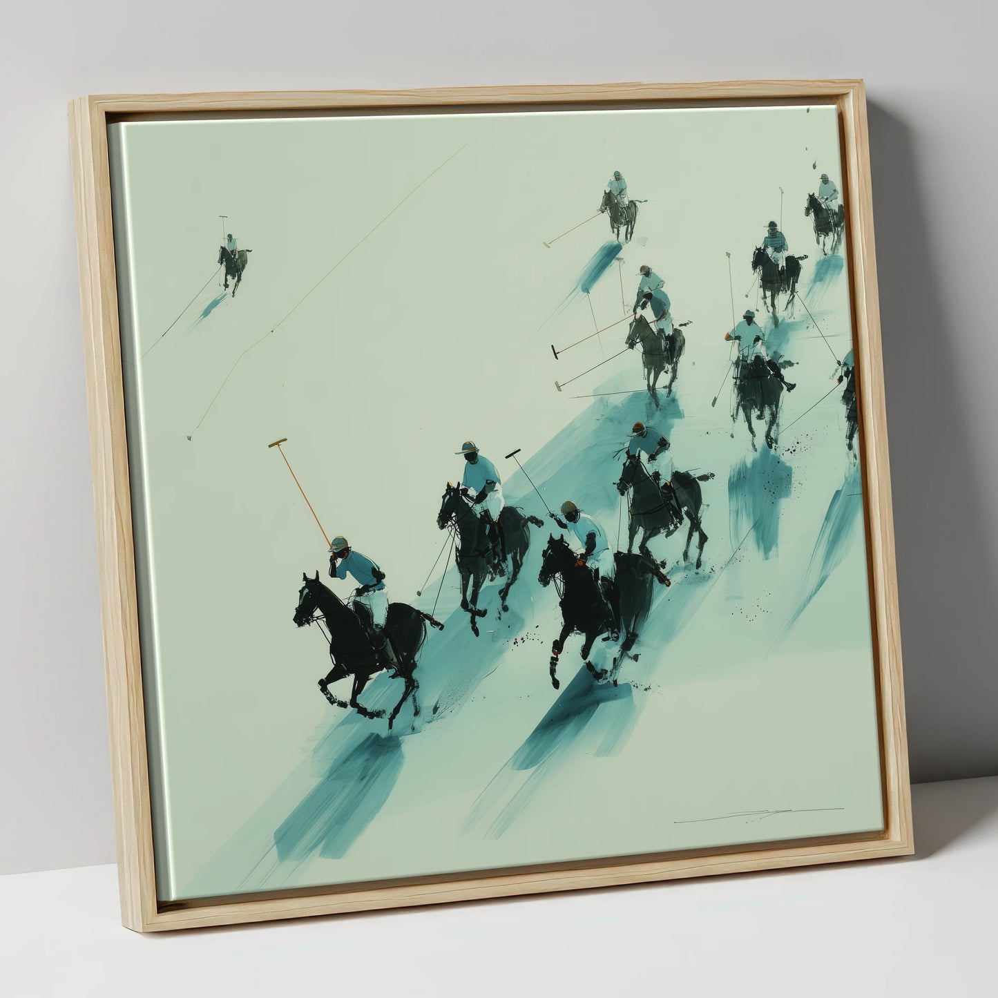 The Downfield Charge polo horse canvas wall art in natural frame